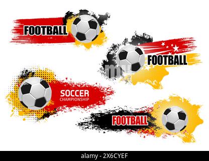 Deutschland 2024 Euro Fußball-Halbton-Grunge-Banner. Vektor-Fußballbälle mit dynamischem Tintenspritzer-Trail-Hintergrund in Schwarz, Rot und Gelb. Lebendige Promotion für Sportveranstaltungen und Meisterschaften Stock Vektor