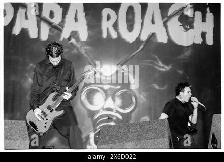 PAPA ROACH, READING FESTIVAL, 2001: Gitarrist Jerry Horton und Sänger Jacoby Shaddix der Band Papa Roach spielte am 26. August 2001 auf dem Reading Festival, Reading, UK. Foto: Rob Watkins. INFO: Papa Roach, eine US-amerikanische Rockband, die 1993 in Vacaville, Kalifornien gegründet wurde, erlangte mit ihrer Fusion aus Nu-Metal und Alternative Rock Bekanntheit. Hits wie „Last Resort“ und „SCARS“ machten sie berühmt und festigten ihren Status als Ikonen der Rockszene der frühen 2000er Jahre. Stockfoto