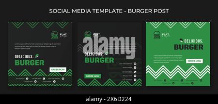 Set aus Social-Media-Postschablone mit schwarzem und grünem Hintergrund für Burger- oder Fast-Food-Werbung Stock Vektor