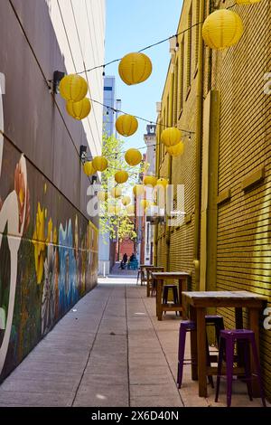 Farbenfrohe urbane Alley mit Laternen und Wandgemälden, Fort Wayne - Blick auf Augenhöhe Stockfoto