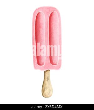 Rosafarbenes Fruchteis auf Holzstab Aquarellillustration. Im Sommer kaltes Dessert mit Wassermelone oder Erdbeere Stockfoto