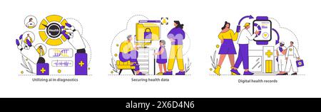 Tech-Assisted Health Set. Innovative KI-Diagnostik, sichere Gesundheitsdatensysteme und digitales Patientendatenmanagement. Fortschritte in der Gesundheitstechnologie und der Privatsphäre von Patienten. Vektorabbildung. Stock Vektor
