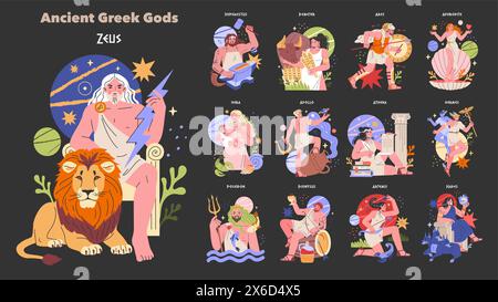 Alte griechische Götter Set. Farbenfrohe Darstellungen mythologischer Gottheiten mit symbolischen Attributen. Mythos, Legende und Kultur verflechten sich. Vektorabbildung. Stock Vektor