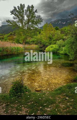 Das ruhige und transparente Wasser des Tirino fließt ruhig durch Wälder und Schilf. Gran Sasso und Monti della Laga Nationalpark, Abruzzen Stockfoto