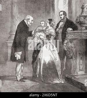 Der Duke of Wellington hier in Windsor Castle mit Königin Victoria, Prinz Albert und dem Baby Albert Edward, später Edward VII., um 1841. Feldmarschall Arthur Wellesley, 1. Duke of Wellington, 1769–1852. Britischer Staatsmann, Soldat, Politiker der Tory und zweimal Premierminister des Vereinigten Königreichs. Victoria, 1819–1901. Königin des Vereinigten Königreichs von Großbritannien und Irland. Fürst Albert von Sachsen-Coburg und Gotha, 1819–1861. Ehemann von Königin Victoria. Aus Cassells illustrierter Geschichte Englands. Stockfoto