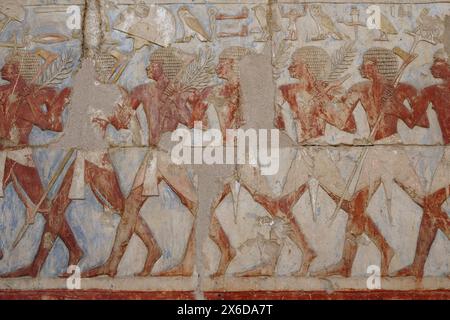 Gemalte Reliefs im Tempel der Hatschepsut in Deir el Bahari, Westbank, Luxor Ägypten Stockfoto