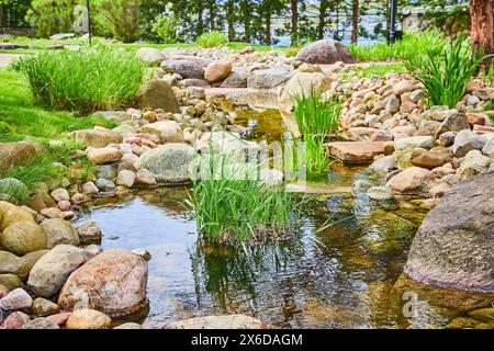 Künstlicher Fluss in üppiger Gartenumgebung, Warschauer Bibelgärten Stockfoto