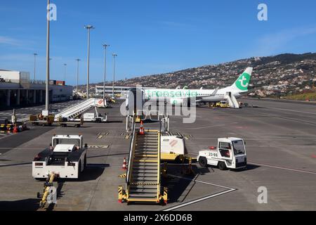 Transavai Boeing 737-8K2 auf dem Vorfeld beim Terminalgebäude Cristiano Ronaldo International Airport, Madeira am 3. Mai 2024 und verschiedene Flughafenausrüstungen. Stockfoto