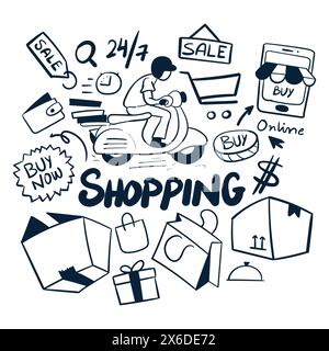 Vektor für Einkaufszeichnungen. Handgezeichnetes Shopping Scribbles Vektor. Online-Shopping-Vektorkritzeleien Stock Vektor