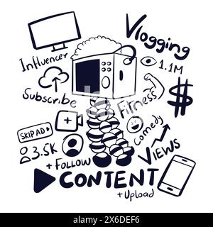 Zeichnungsvektor für die Inhalterstellung. Handgezeichneter Content Creator kritzelt. Content Creation Influencer Zeichnungen Vektor Stock Vektor