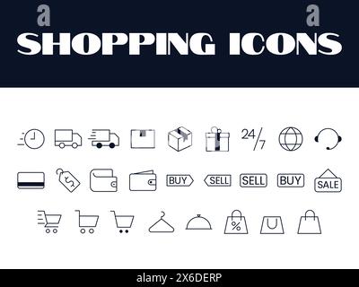 Einkaufssymbole Set Vektor. Illustrationssymbole für Online-Shopping. Einkaufstasche, Warenkorb Vektor Online-Bestellung Symbole Vektor Stock Vektor
