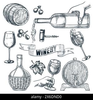 Weinsymbole Sammlung isoliert auf weißem Hintergrund. Handgezeichnete Elemente aus Gläsern, Flaschen und Fässern für die Gestaltung von Weingütern, Bars oder Pubs. Vektorskizze, illu Stock Vektor