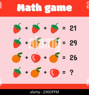 Mathematisches Erziehungsspiel mit Beeren und Früchten für Kinder. Stock Vektor