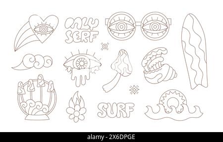 Linie groovige Hippie-Zeichentrickfilm 70er Jahre Sonne, Auge, Pilz, Brille, Herz. Schwarzes lineares psychedelisches Vektor-Kunstset. Stock Vektor
