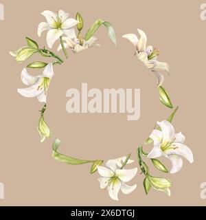 Kranz aus Blumen pastellfarbene botanische Kunst handgezeichnet. Weiße Lilien Aquarell isoliert auf Rosa. Rahmen mit Lilium und Blättern. Design für Hochzeiten in Stockfoto