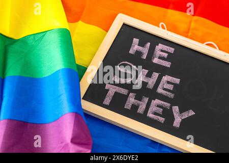 ER schrieb SIE handschriftlich in Kreide auf eine Schultafel, Konzept auf dem Hintergrund einer Regenbogenfahne Geschlechterrechte von nicht-binären Transgender-Menschen. S Stockfoto