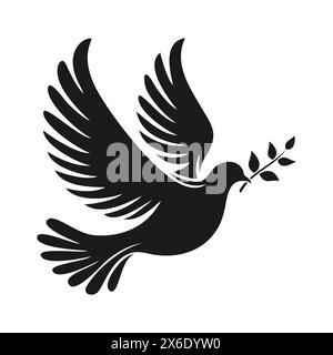 Schwarze Silhouette einer fliegenden Taube mit einem Olivenzweig im Schnabel isoliert auf weißem Hintergrund, Seitenansicht. Vektorabbildung Stock Vektor