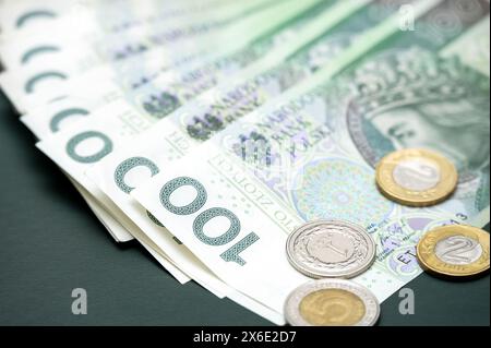 Nahaufnahme polnischer Währung mit Banknoten und Münzen, die ordentlich auf einer dunklen Oberfläche angeordnet sind Stockfoto