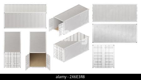 3D-Darstellung eines Sets von Frachtcontainern in mehreren isometrischen ortographischen Ansichten. Geöffnet und geschlossen. Weiße Farbe. Stockfoto