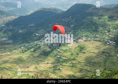 Gleitschirmfliegen über den Reisterrassen, Mu Cang Chai, Yen Bai, Vietnam Stockfoto