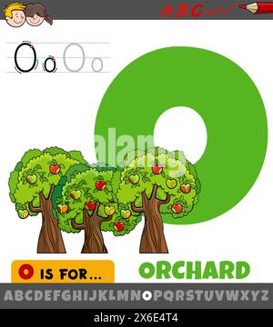 Pädagogische Zeichentrickillustration des Buchstaben O aus dem Alphabet mit Obstgarten Stock Vektor