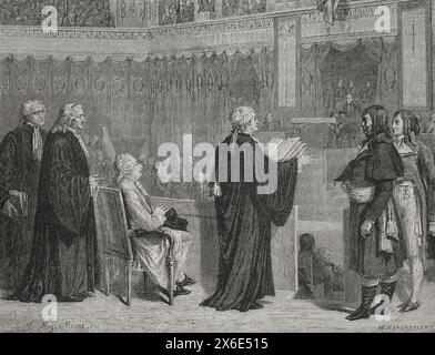 Französische Revolution. Urteil von König Ludwig XVI. Von Frankreich, Dezember 1792. Ludwig XVI. Erscheint vor den Abgeordneten des Nationalkonvents, der unter dem Namen Louis Capet entweiht wurde. Ludwig XVI. Vor seinen Richtern. Zeichnung von Hippolyte de la Charlerie. Stich von Meyer-Heine. "Geschichte der Französischen Revolution". Band I, 1876. Stockfoto