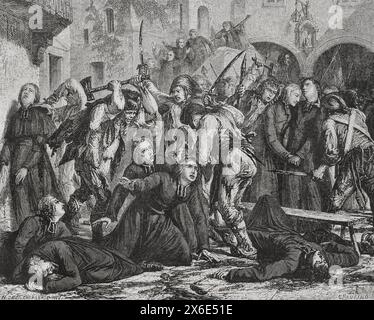 Französische Revolution. September-Massaker (2. Bis 6. September 1792). Die Revolutionäre führten Massenmorde unter der Gefängnisbevölkerung in ganz Frankreich, hauptsächlich in Paris, durch. Das Abschlachten von Klerikern. Zeichnung von Hippolyte de la Charlerie. Stich von Maurand. "Geschichte der Französischen Revolution". Band I, 1876. Stockfoto