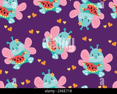 Flaches Schmetterlingsmuster für Kinder. Nahtloses Muster mit Insekten, Dekoelementen. Farbenfroher Sommervektor für Kinder, flacher Stil. Babydesign für Stoff, Texti Stock Vektor
