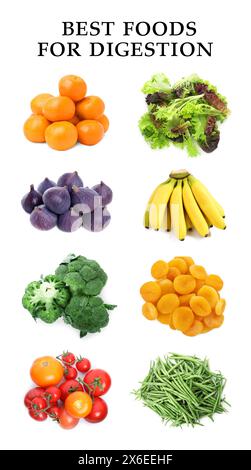 Lebensmittel für gesunde Verdauung, Collage. Mandarinen, grüne Bohnen, Tomaten, Salat, Feigen, Bananen, Brokkoli und getrocknete Aprikosen auf weißem Hintergrund Stockfoto