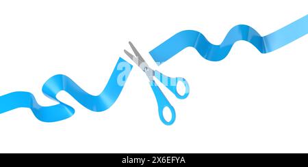 Bandschneiden. Große Eröffnungszeremonie. Die Schere schneidet blaues Band. Isoliert auf weißem Hintergrund. 3D-Abbildung. Stockfoto