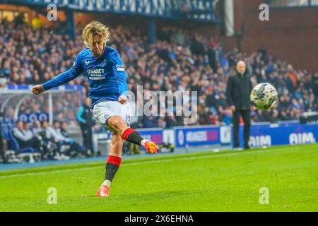 Glasgow, Großbritannien. Mai 2024. Im letzten Heimspiel der schottischen Premiership-Saison spielen die Rangers Dundee im Ibrox Stadium, Glasgow, Schottland. Vor dem Spiel liegen die Rangers 6 Punkte hinter Celtic, die nur einen Punkt benötigen, um den League Cup zu gewinnen, daher ist ein Sieg gegen Dundee zwingend erforderlich. Quelle: Findlay/Alamy Live News Stockfoto