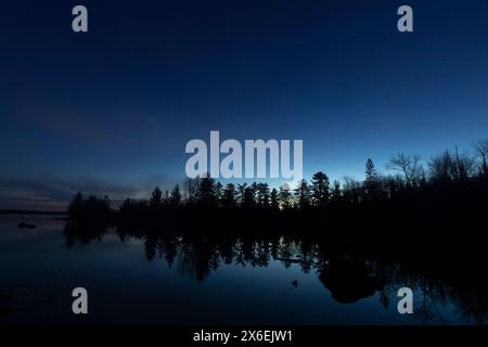 Das Licht der frühen Morgensonne leuchtet hinter dem Wald auf, um einen neuen Tag zu beginnen Stockfoto