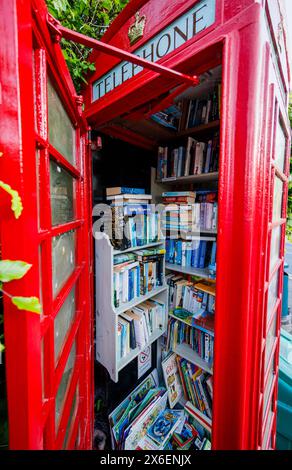 Eine traditionelle rote Telefonbox, die für Telefonie nicht mehr genutzt wurde, wird heute als Bibliothek in Callow End, einem Dorf im Malvern Hills District, Worcestershire, England, genutzt Stockfoto