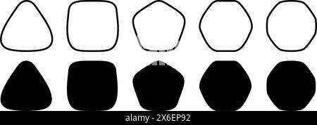 Set aus schwarzen geometrischen Figuren mit abgerundeten Ecken. Dreieck-, Quadrat- oder Eichhörnchen-, pentagon-, Sechseck- und achteckige Formen isoliert auf weißem Hintergrund. Vektorgrafik. Stock Vektor