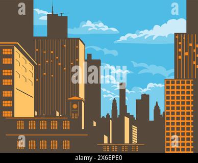 WPA-Plakatkunst der Skyline von Chicago mit Gebäuden und Wolkenkratzern entlang des Chicago River in Illinois, USA Stock Vektor