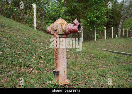 Der Hydrant steht allein mit seinen grünen Streifen, die im Laufe der Zeit verblasst sind Stockfoto