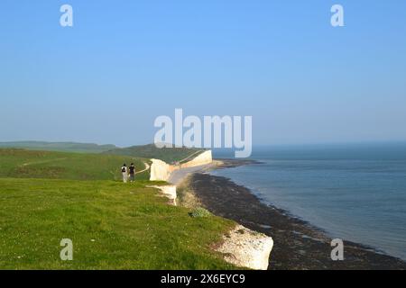 Seven Sisters Cliffs nahe Birling Gap, die am späten Nachmittag im Mai nach Osten schauen. East Sussex in der Nähe von Brighton. Der Cliff Walk ist bei Tagesausflüglern beliebt Stockfoto