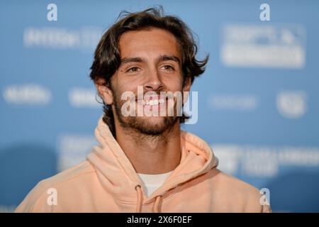 Turin, Italien. Mai 2024. Italien, Turin 14/05/2024 Sporting Press Club (Turin). Challenger 175 Piemonte Open Intesa Sanpaolo Turnier Qualifikationen Lorenzo Musetti aus Italien interviewt während des Challenger 175 Piemonte Open Intesa Sanpaolo Turniers (Foto: Tonello Abozzi/Pacific Press) Credit: Pacific Press Media Production Corp./Alamy Live News Stockfoto