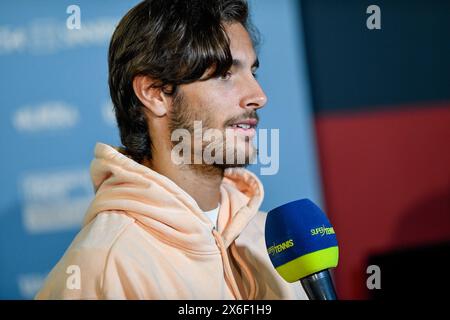 Turin, Italien, Italien. Mai 2024. Italien, Turin 14.05.2024.Sporting Press Club (Turin). Challenger 175 Piemonte Open Intesa Sanpaolo Turnier Qualifikation. Lorenzo Musetti aus Italien, interviewt während des Challenger 175 Piemonte Open Intesa Sanpaolo Turniers (Foto: © Tonello Abozzi/Pacific Press via ZUMA Press Wire) NUR REDAKTIONELLE VERWENDUNG! Nicht für kommerzielle ZWECKE! Stockfoto