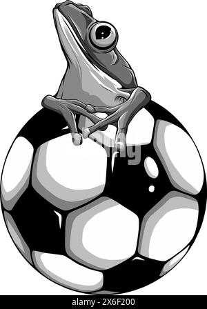 Vektor-Illustration eines monochromen Frosches, der auf Fußballball sitzt Stock Vektor