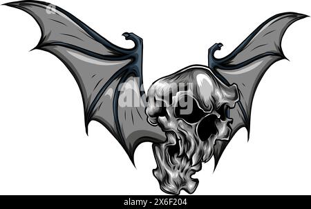 Handgezeichneter Vampirschädel mit Fledermausflügeln. Vektordarstellung für Halloween-Süßes oder -Leckereien Stock Vektor