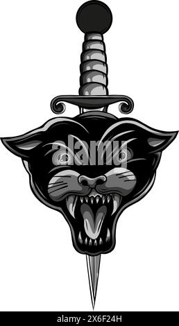 Schwarzer Pantherkopf und Dolchtätowierung, Vektor Stock Vektor