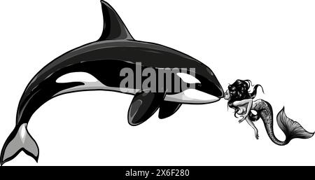 Schwarzweißzeichnung eines hüpfenden Orcawals in Schwarz-Weiß. Stock Vektor