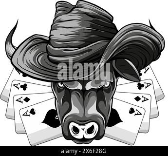 Einfarbiger Bulle mit Cowboyhut und PokerAssen Stock Vektor
