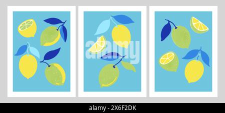 Sammlung zeitgenössischer Kunstposter mit Zitronenfrüchten. Vektorillustration in auffälligem minimalistischem Stil. Stock Vektor