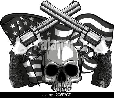 Vektor-Illustration des monochromen Schädels mit zwei Revolvern und usa-Flagge Stock Vektor