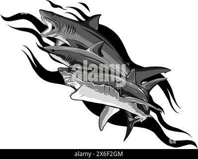 Satz einfarbiger Shark-Vektorsilhouetten. Seefische, Tiere schwimmen, Fauna Illustration. Stock Vektor