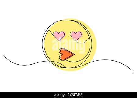 Minimalistische Illustration eines Emojis mit Herzaugen, gezeichnet mit einer einzigen Linie, mit leuchtenden Farben und einem verspielten Design. Stock Vektor