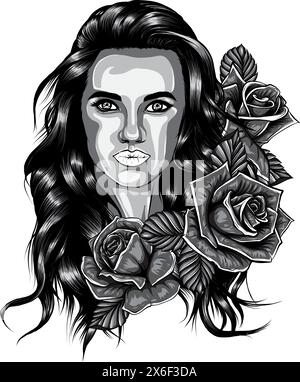 Vector Vintage monochrome Illustration Girl mit Rose isoliert auf weißem Hintergrund. Stock Vektor