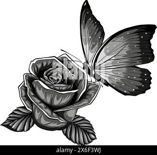 Einfarbige Blume und Schmetterling. Ein Tattoo zeichnen. Vektordarstellung. Stock Vektor